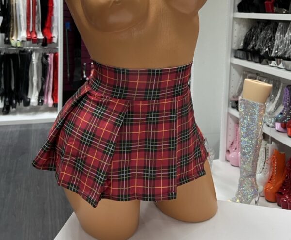Red plaid pleated mini skirt with high waist
