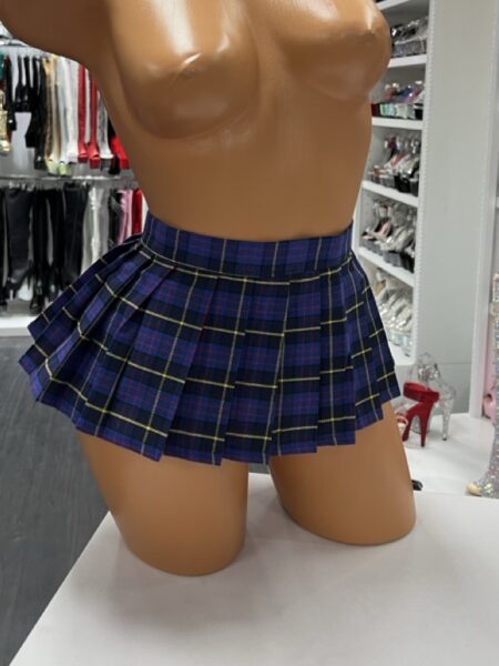 Blue plaid pleated mini skirt with yellow accents