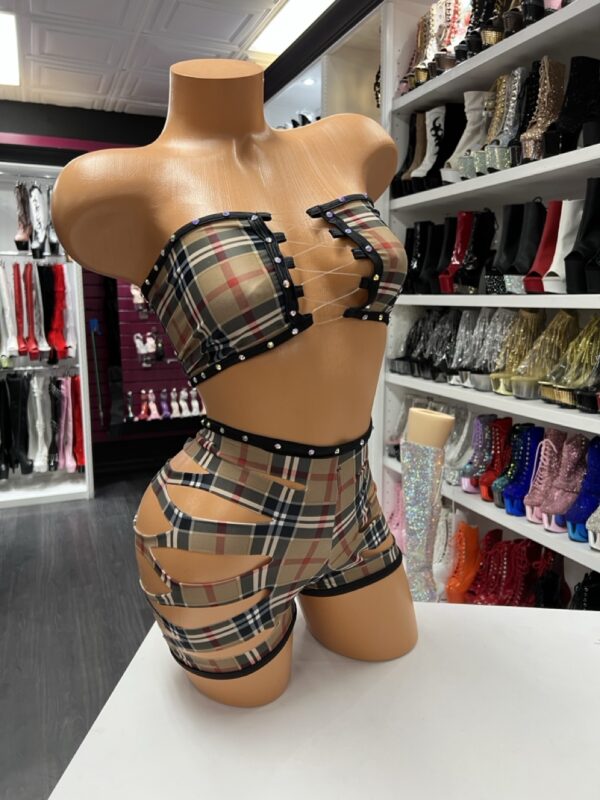 plaid cutout short set with strappy sides and lace-up bust