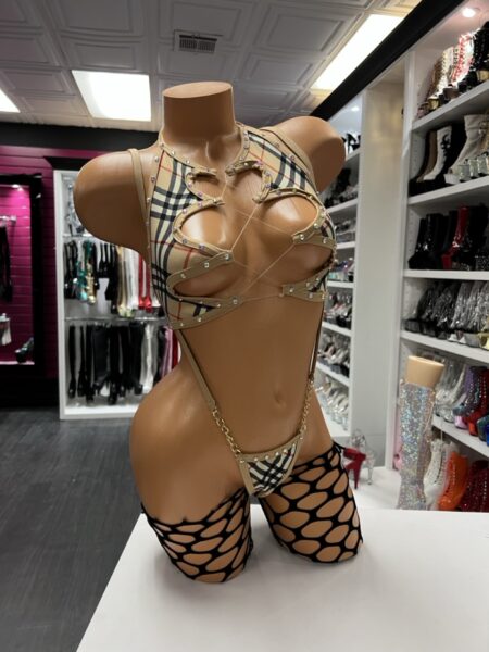 plaid chain 3 piece outfit with gold chain straps and fishnet thigh-highs