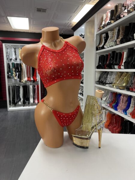 Red rhinestone two piece set with crop top and matching bottoms
