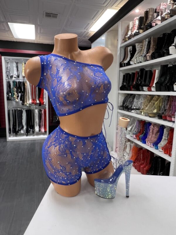 Royal blue fishnet set with rhinestone details and side tie shorts