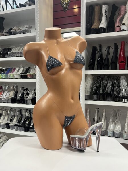 Grey rhinestone microkini lingerie set with clear straps