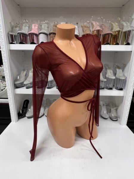 Burgundy mesh wrap top with long sleeves and adjustable tie closure