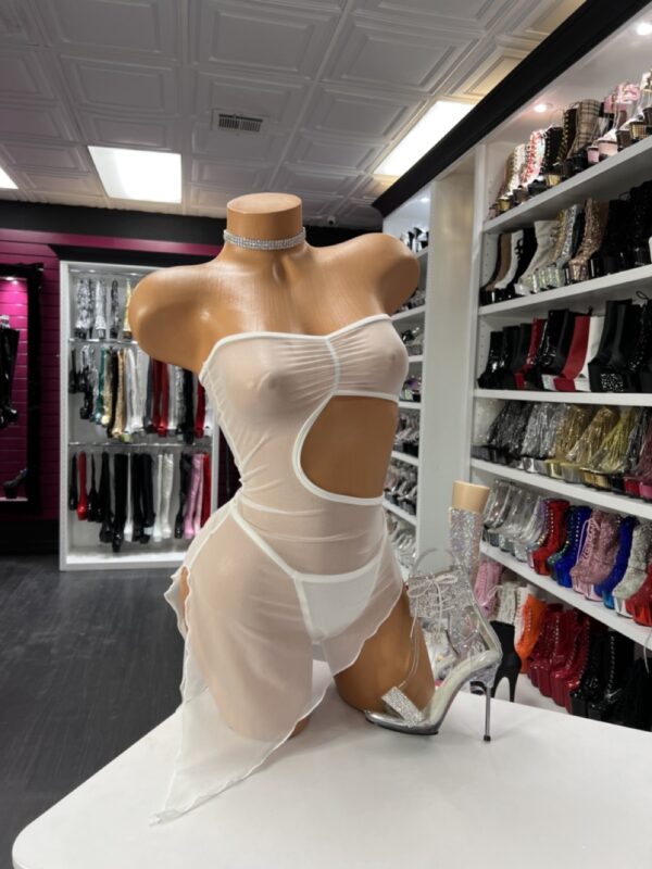 White mesh dress with side cutouts and high slit on mannequin