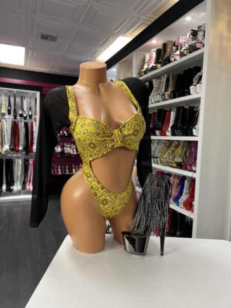 Yellow paisley print bodysuit with cutout waist detail