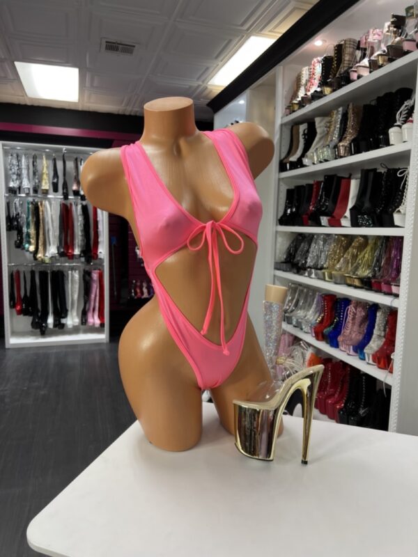 coral cutout tie bodysuit with plunging neckline and adjustable tie front