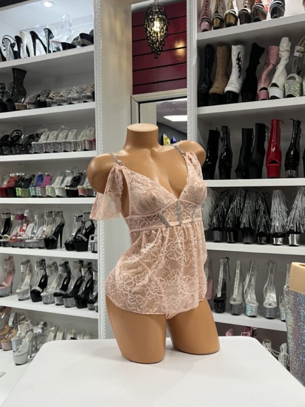 Blush Seduction Babydoll Thong Set - Nude Pink Lace Lingerie - Image 3