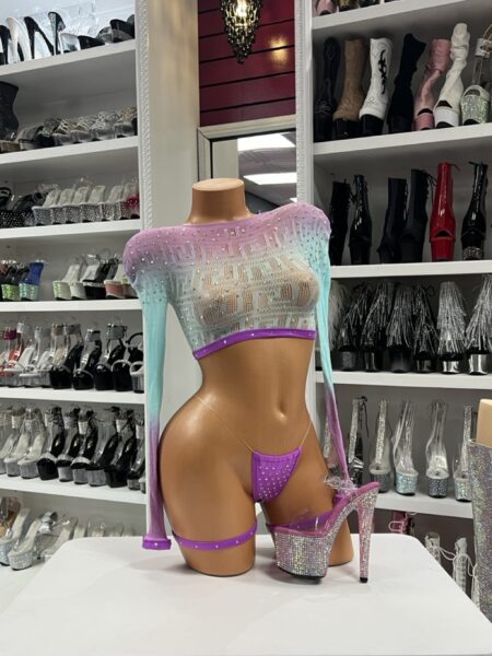 Pastel ombre mesh two-piece set with rhinestones on mannequin