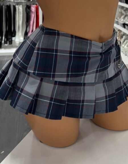 Navy blue and red plaid pleated mini skirt with tartan design