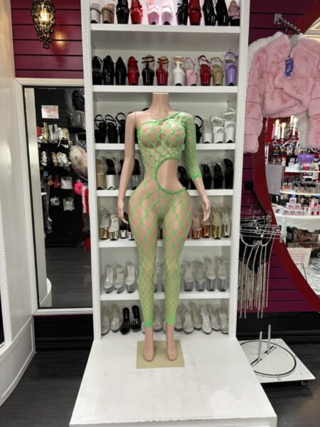 Green cutout fishnet bodysuit with asymmetrical one-sleeve design