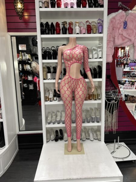 Pink fishnet cutout catsuit on mannequin with one-shoulder design and bold hot pink fishnet fabric
