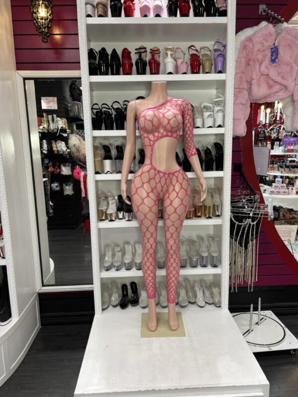 Pink fishnet cutout catsuit on mannequin with one-shoulder design and bold hot pink fishnet fabric