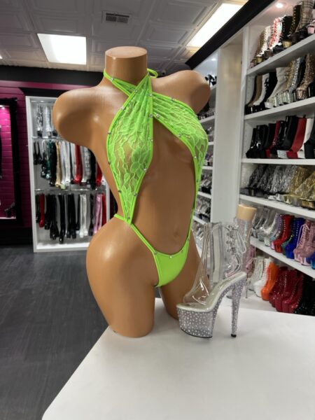 Neon Lace Crossover Bodysuit in neon green with rhinestones