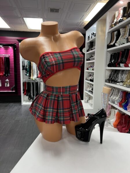 Red plaid skirt set with bandeau top and pleated skirt
