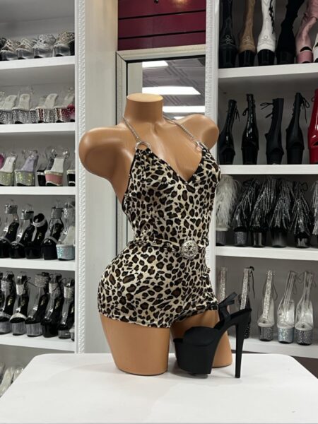 Leopard Velvet Romper dancewear with silver belt and halter straps