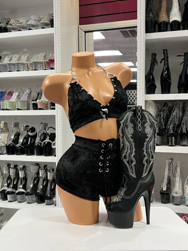 Black velvet short set with rhinestone straps and lace-up shorts
