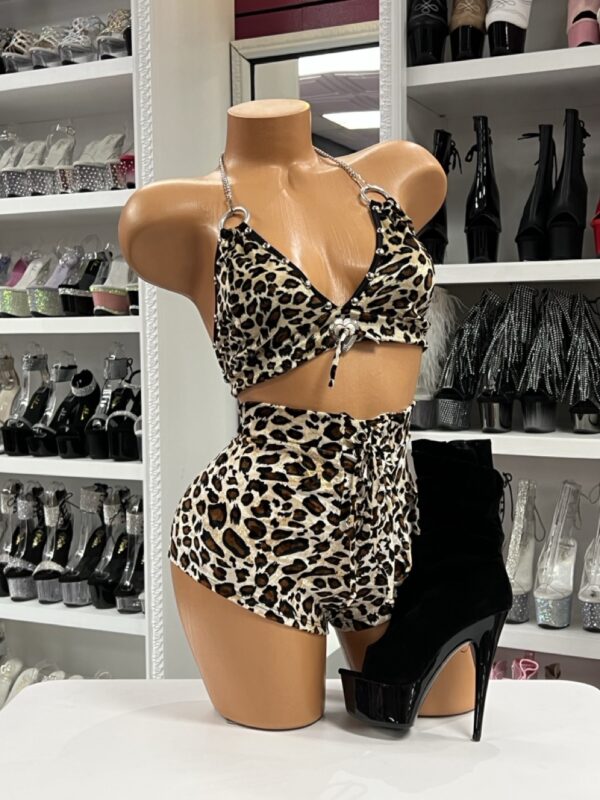 Leopard Velvet Short Set with halter crop top and lace-up shorts