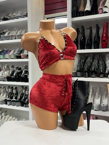 Red Velvet Heart Set with rhinestone detail and lace-up shorts