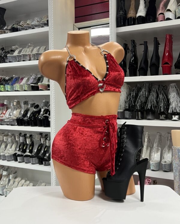 Red Velvet Heart Set with rhinestone detail and lace-up shorts