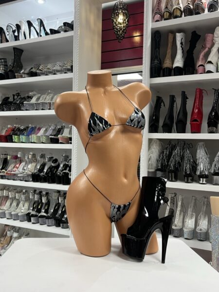 Black silver flame microkini with metallic print and adjustable ties