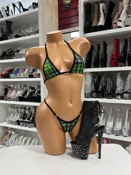 Green Plaid Micro Bikini Set with tartan print and micro thong