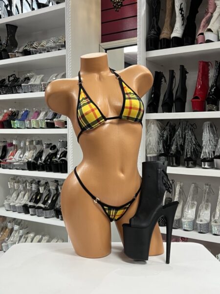 ellow Plaid Microkini lingerie set with plaid print and black trim