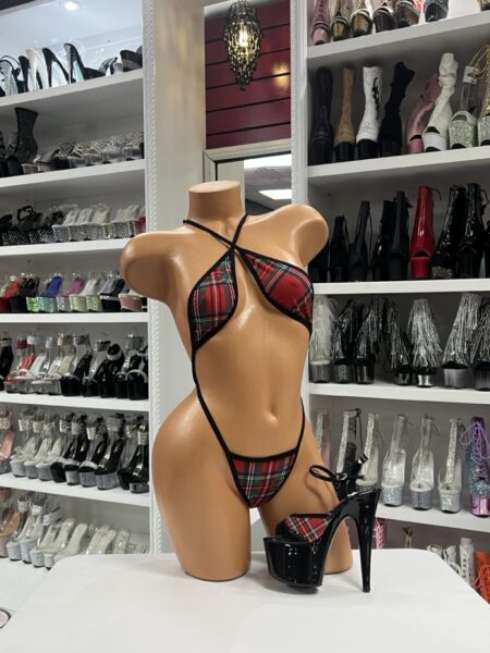 Plaid slingshot bikini with halter neckline and cheeky fit