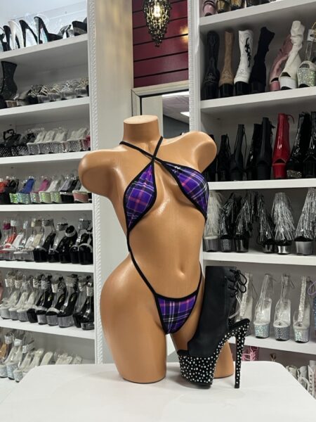 Purple Plaid Slingshot Lingerie Set with Crossed Halter Straps