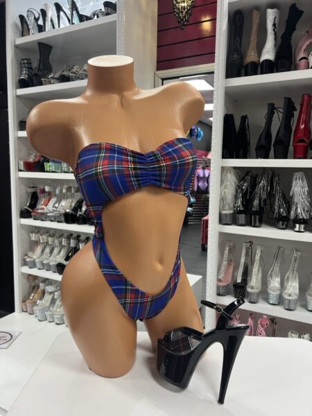 Blue Plaid Cutout Bodysuit with bandeau top and cutout sides
