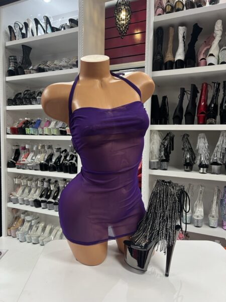 Purple Sheer Mini Dress with halter neckline and bodycon fit