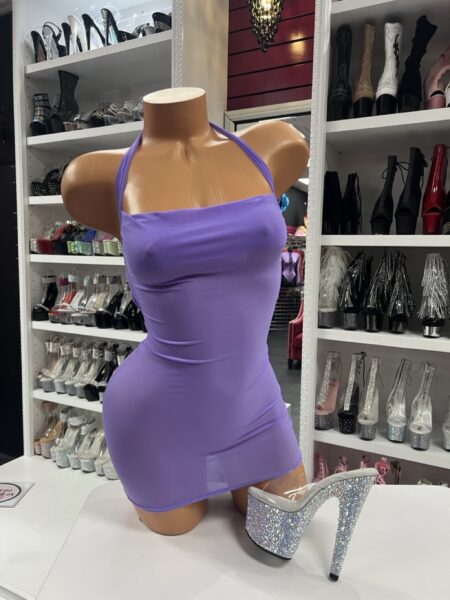 Purple Sheer Mini Dress on mannequin with platform heels