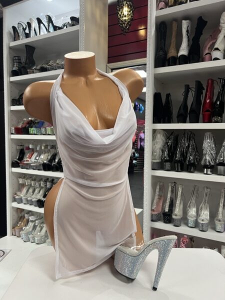 White Sheer Cowl Dress with halter neckline and sheer mesh design