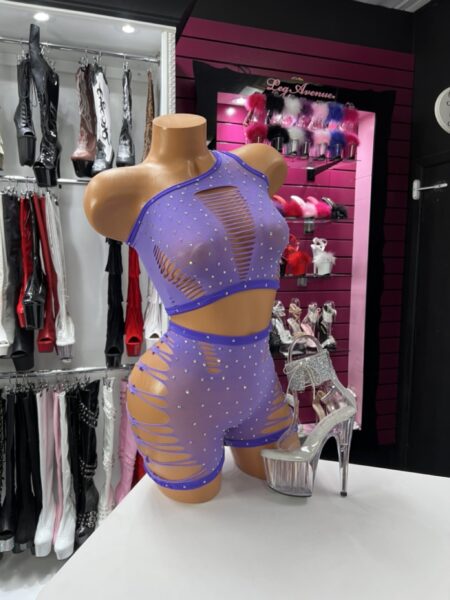 Purple fishnet two piece set with strappy cutout details and rhinestone embellishments