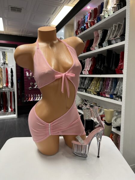 Pink bow mesh dress set with sheer halter top and ruched mini skirt for performance wear