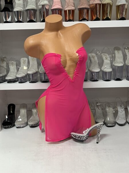 Pink mesh lace up dress with strapless design and fitted silhouette