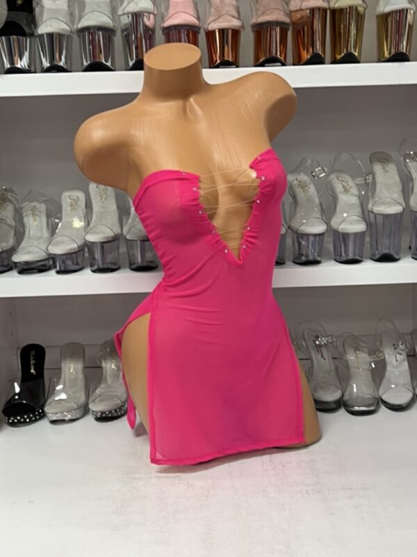 Rose Rebel Pink Lace Up Dress - Strapless Mesh Mini Sensation - Image 5