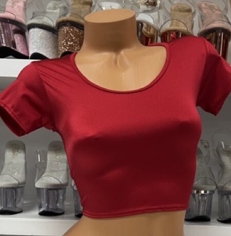 Red spandex crop top short sleeves fitted silhouette bold color