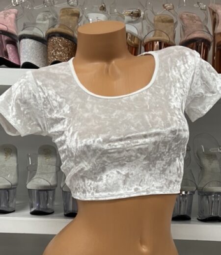 White velvet crop top with short sleeves and scoop neck on model