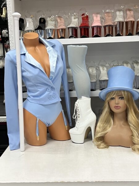 Blue Tuxedo Costume Set by Forplay with cropped blazer, garter leggings, and top hat