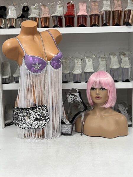 Need You Closer Costume Set by Forplay in lavender with fringe, rhinestones, and pink wig