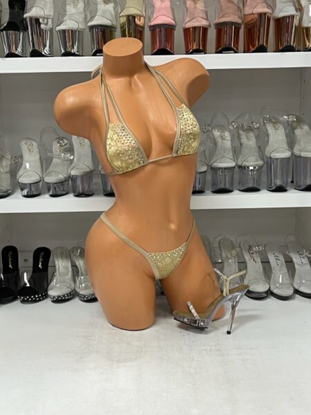 Gold rhinestone bikini set with triangle top and string tie details