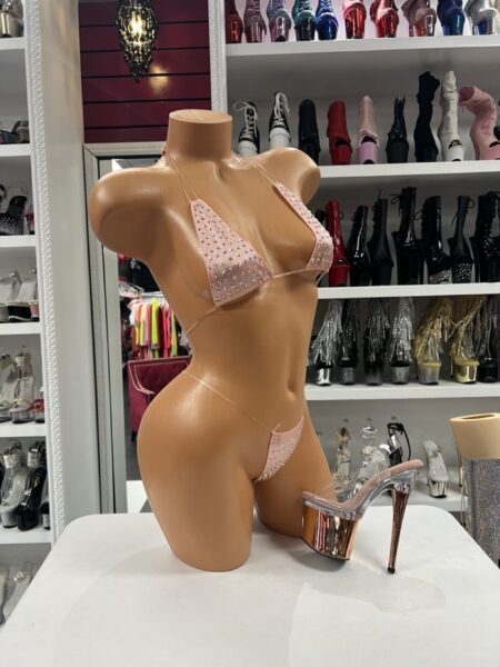 Blush Crystal Micro Bikini with crystal-studded triangle top, matching micro thong, and ultra-thin clear straps.