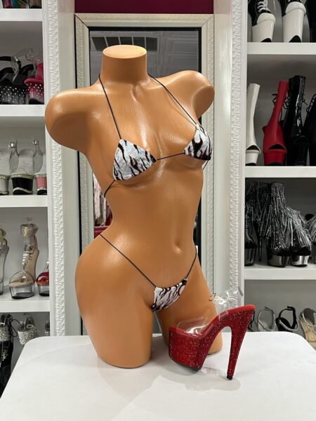 Silver Flame Micro Bikini featuring metallic silver fabric, black flame print, adjustable string ties, and matching micro thong.