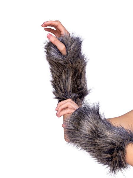 Gray and black faux fur wolf gloves with fingerless design on raised hands