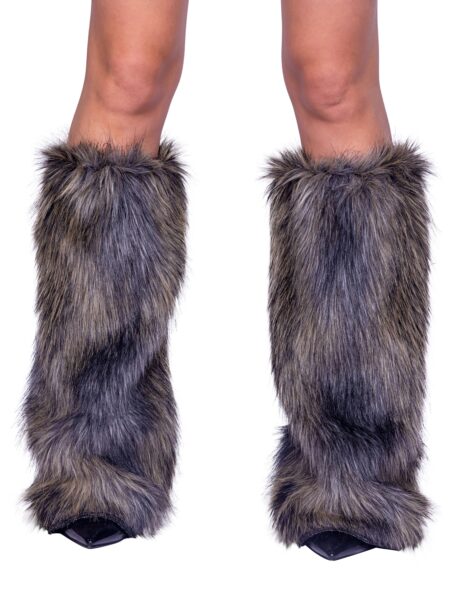 Gray and black faux fur wolf leg warmers covering legs from knee to ankle