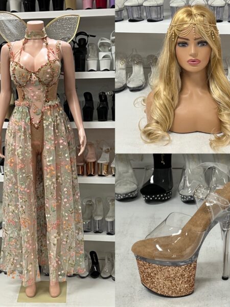 Woodland nymph costume with floral teddy, flowing skirt, delicate wings and golden headpiece