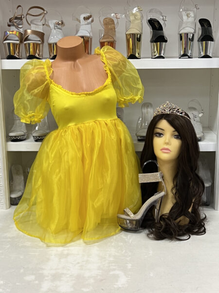 Yellow Frosted Organza Babydoll Dress with puff sleeves and frosted skirt