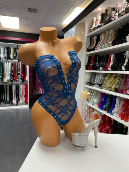 Blue Lace Rhinestone Teddy lingerie with plunge neckline and rhinestone trim