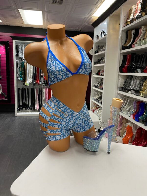 Blue Hello Kitty set with strappy bikini top and cutout shorts